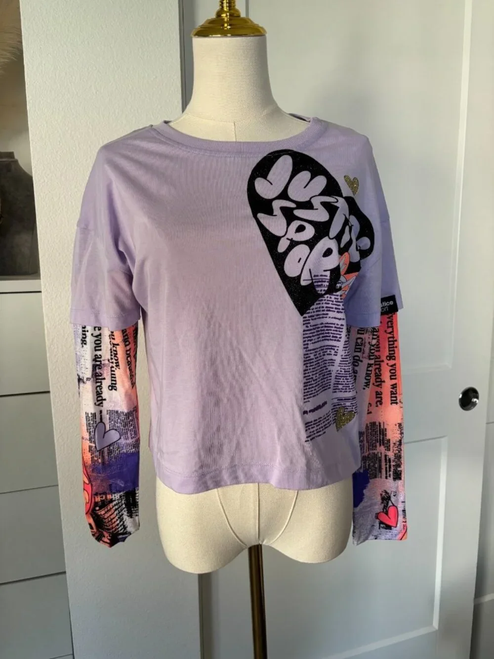 Justice Girls Jsport 2fer T-Shirt Size Large 12-14 Lavender Graphic Print